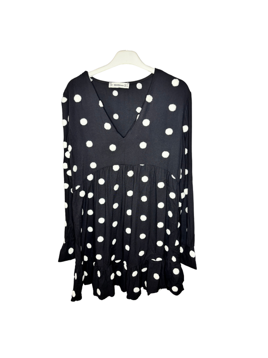 Vestido Negro con Lunares Blancos en Relieve - Talla M, Como Nuevo